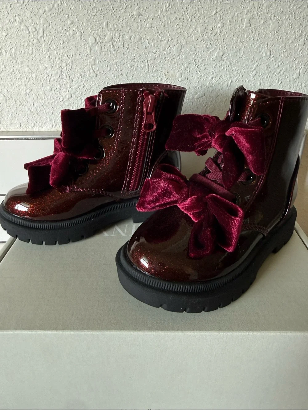 Cato Girls Burgundy Patent Glitter Boots with Velvet Bows